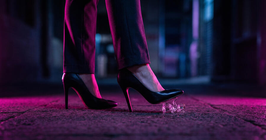 Dominant Mistress legs in high heels towering over the viewer. Concept art for JOI SPH and small penis humiliation instruction site.